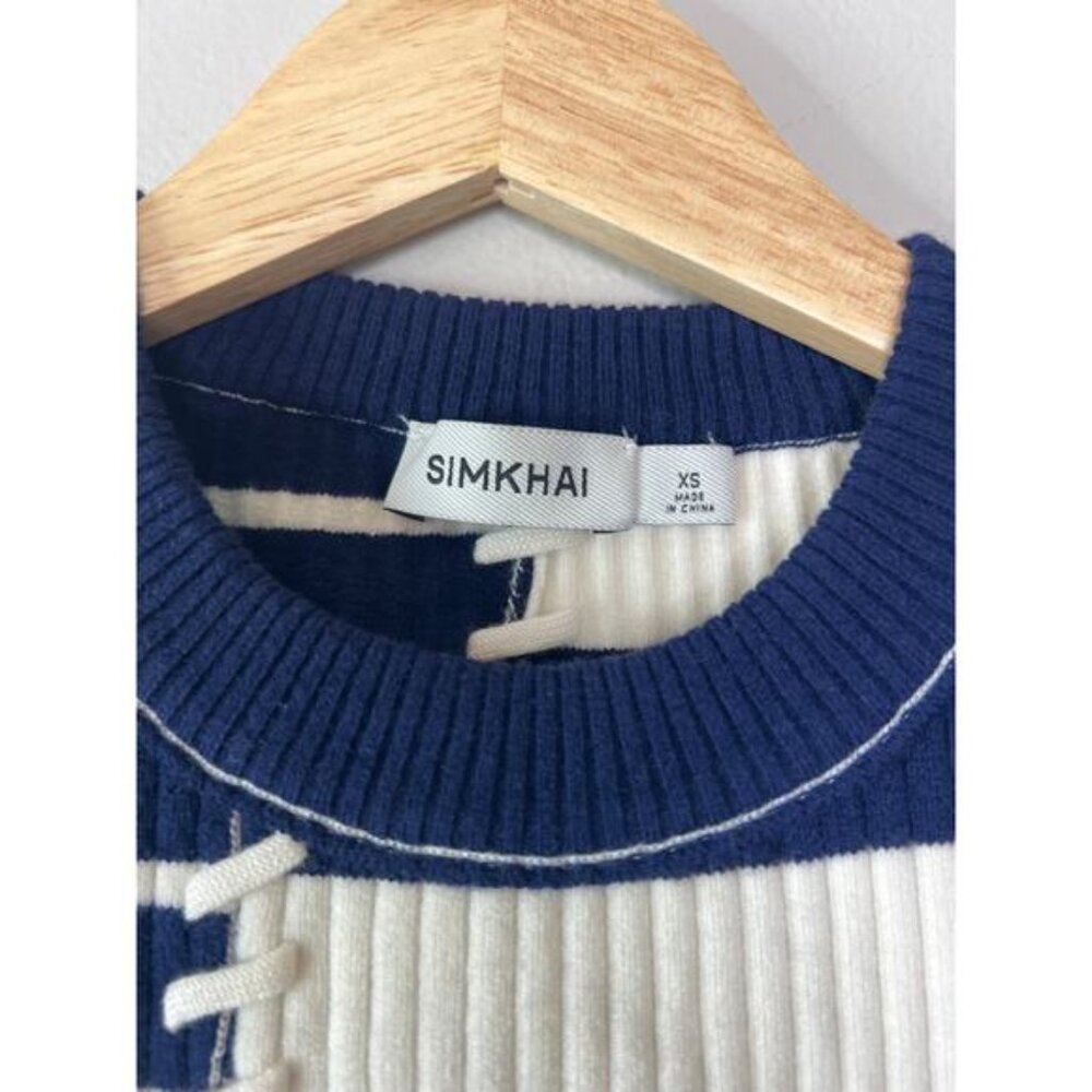 NEW Simkhai Joelene Asymmetric Fitted Striped Wool-Blend Top Navy Blue Size: XS - Picture 4 of 7
